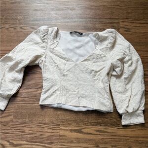 Zara Cream Puff Sleeve Blouse cropped XS zipper on the side